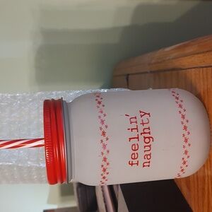 Feeling Naughty Frosted Mason Jar with Red Lid and Straw